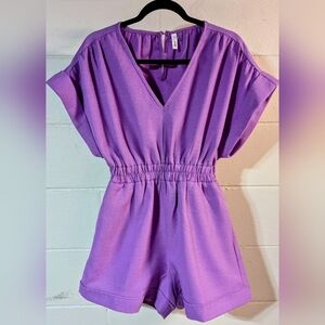 Glam Purple Smocked Waist V Neck Pocket Shorts Romper